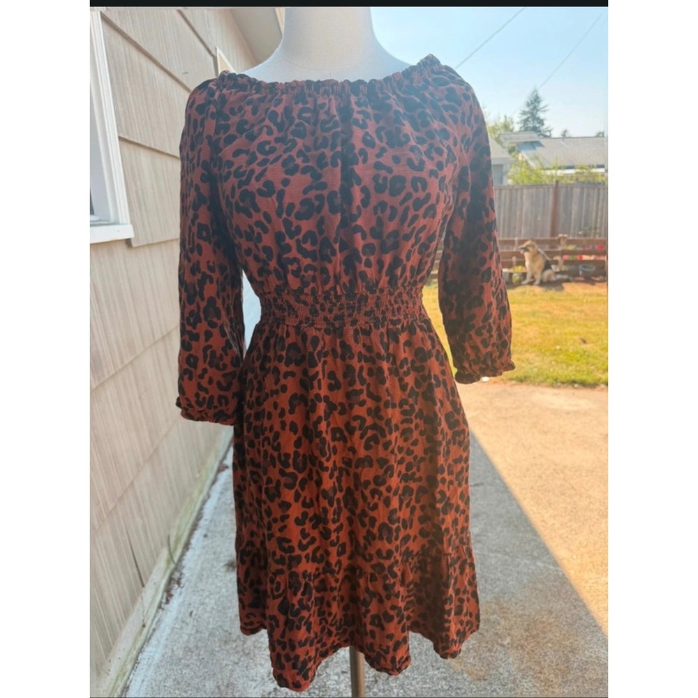 Knox Rose Womens Leopard Print Smocked Waist Off The Shoulder Mini Dress Rust S
